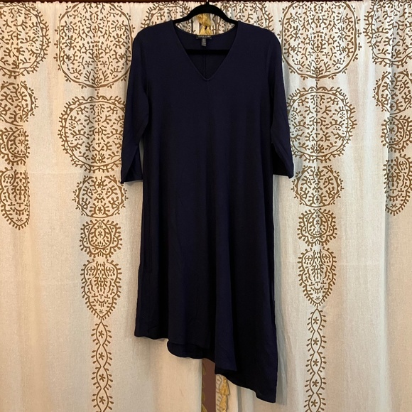Eileen Fisher Petite Large PL High Low Tunic Dress Blue Navy Jersey Knit - Picture 1 of 5